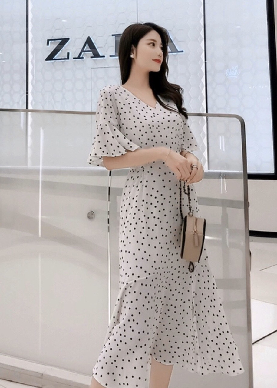 [HCM]Sleeve Maxi Dress with Dots Fishtail Flared Sleeveless Flared Tall Underline - DM013