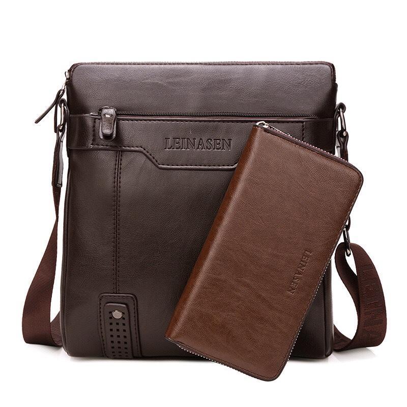 Túi đeo chéo nam LEINASEN túi đựng ipad tặng ví dài 29x25x8cm (Nâu đậm-Nâu sáng-Đen)