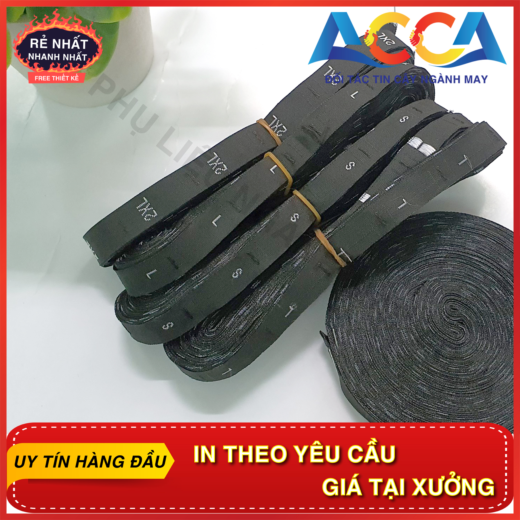 Mác vải gắn quần áo ,mác vải dệt size s,m,l,xl ,2xl ,3xl .Cuộn mác 500 cái trên 1 size nền đen chữ trắng nhãn mác acca in dệt theo yêu cầu