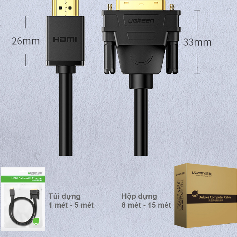 Cáp DVI sang HDMI 4K Ugreen HD106 1M đến 5M - Dây HDMI ra DVI cho màn hình TV Máy chiếu