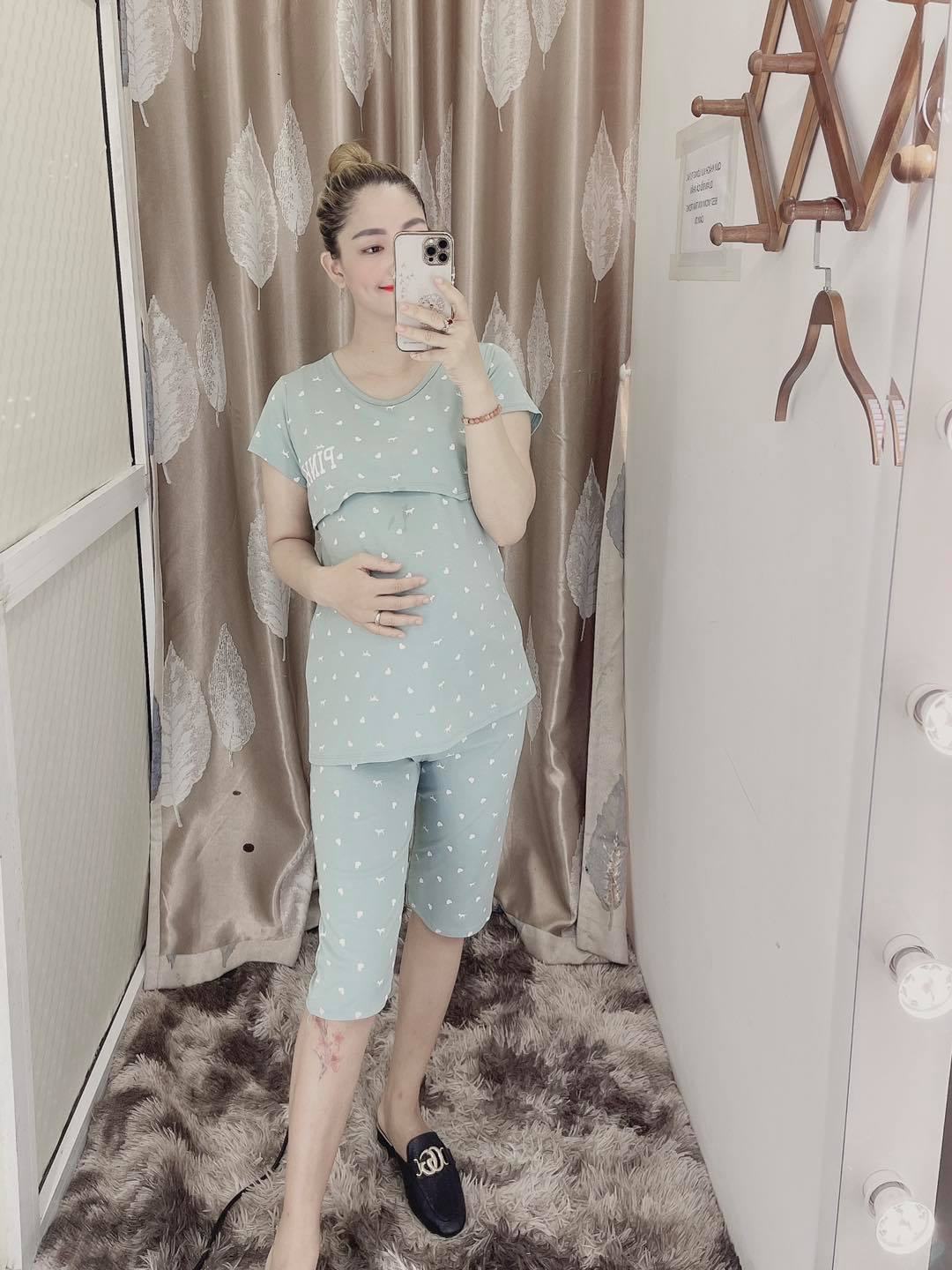 Bộ Lửng Bầu Và Sau Sinh Chất Cotton Cao Cấp (Cổ tròn chữ pink)