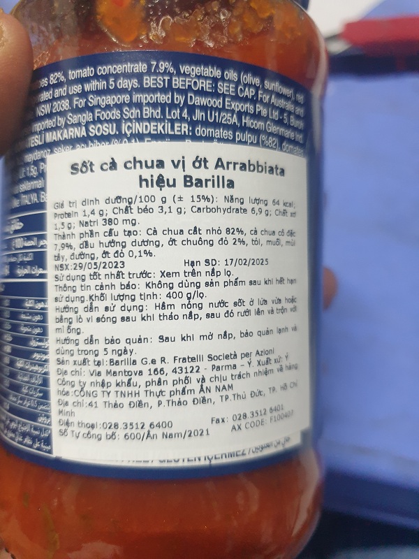 SỐT CÀ CHUA VỊ ỚT BARILLA ARRABBIATA 400G