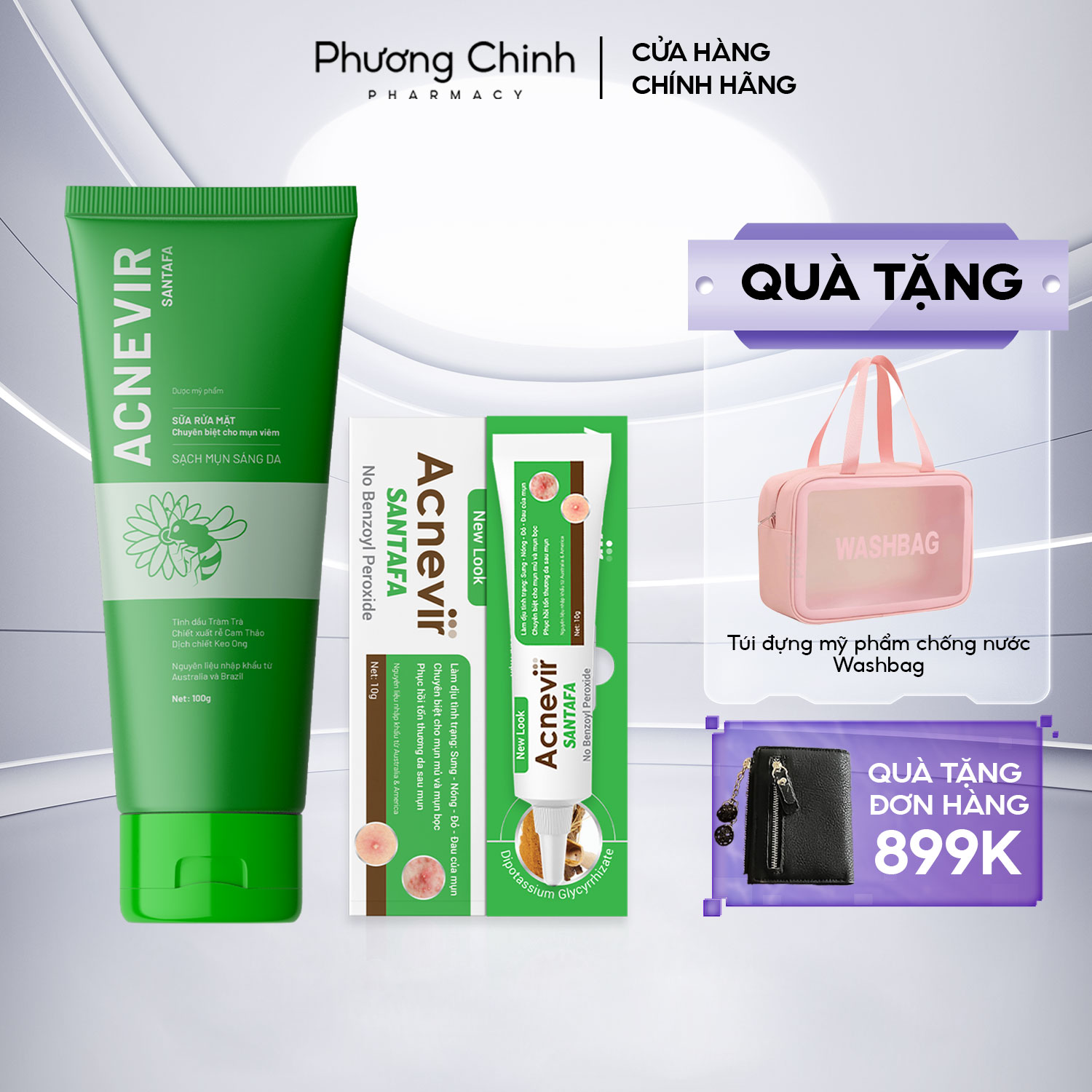 Combo sữa rửa mặt và kem ngừa mụn acnevir santafa dành cho da mụn bọc mụn sưng viêm