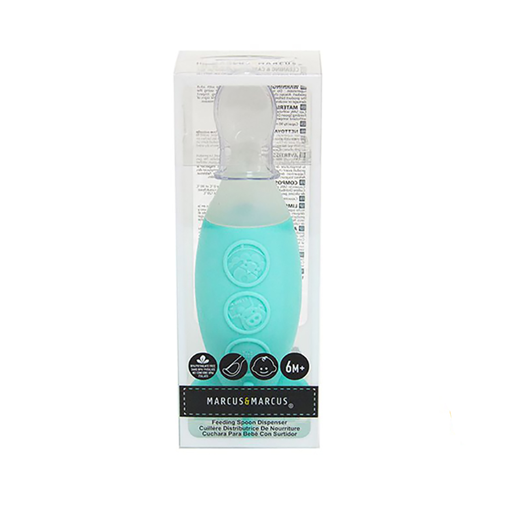Bình bóp ăn dặm silicon có thìa cho bé Marcus & Marcus, từ 6 tháng - Xanh