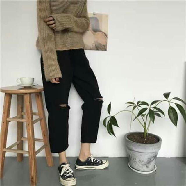 Baggy trơn basic lưng thun rách gối