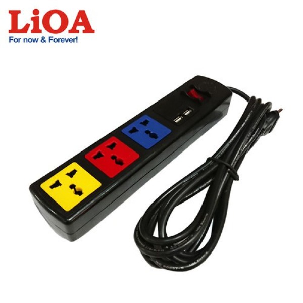 LIOA - Ổ Cắm Kéo Dài Đa Năng Có 2 Cổng USB 5V 1A 3300W Có Bảo Vệ Quá Tải, Có nắp che an toàn , dây dài 3 mét, BH 12 tháng
