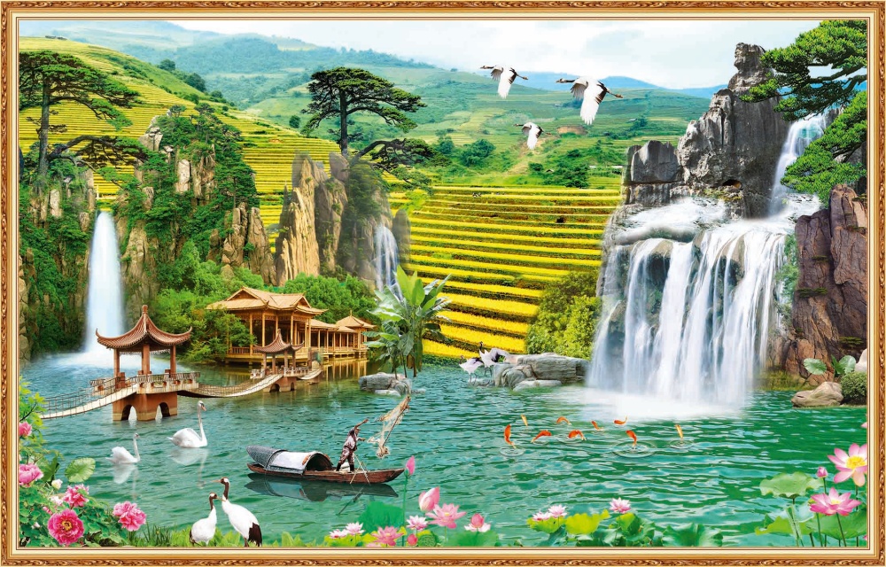Tranh dán tường 3d phòng khách sơn thủy