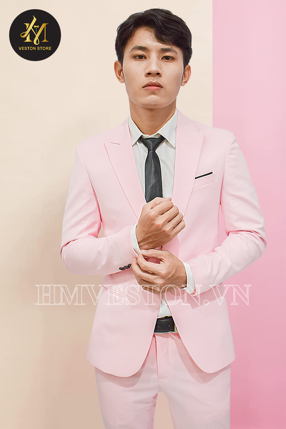 [HCM]Bộ vest nam màu hồng nhạt tặng kèm cà vạt nơ