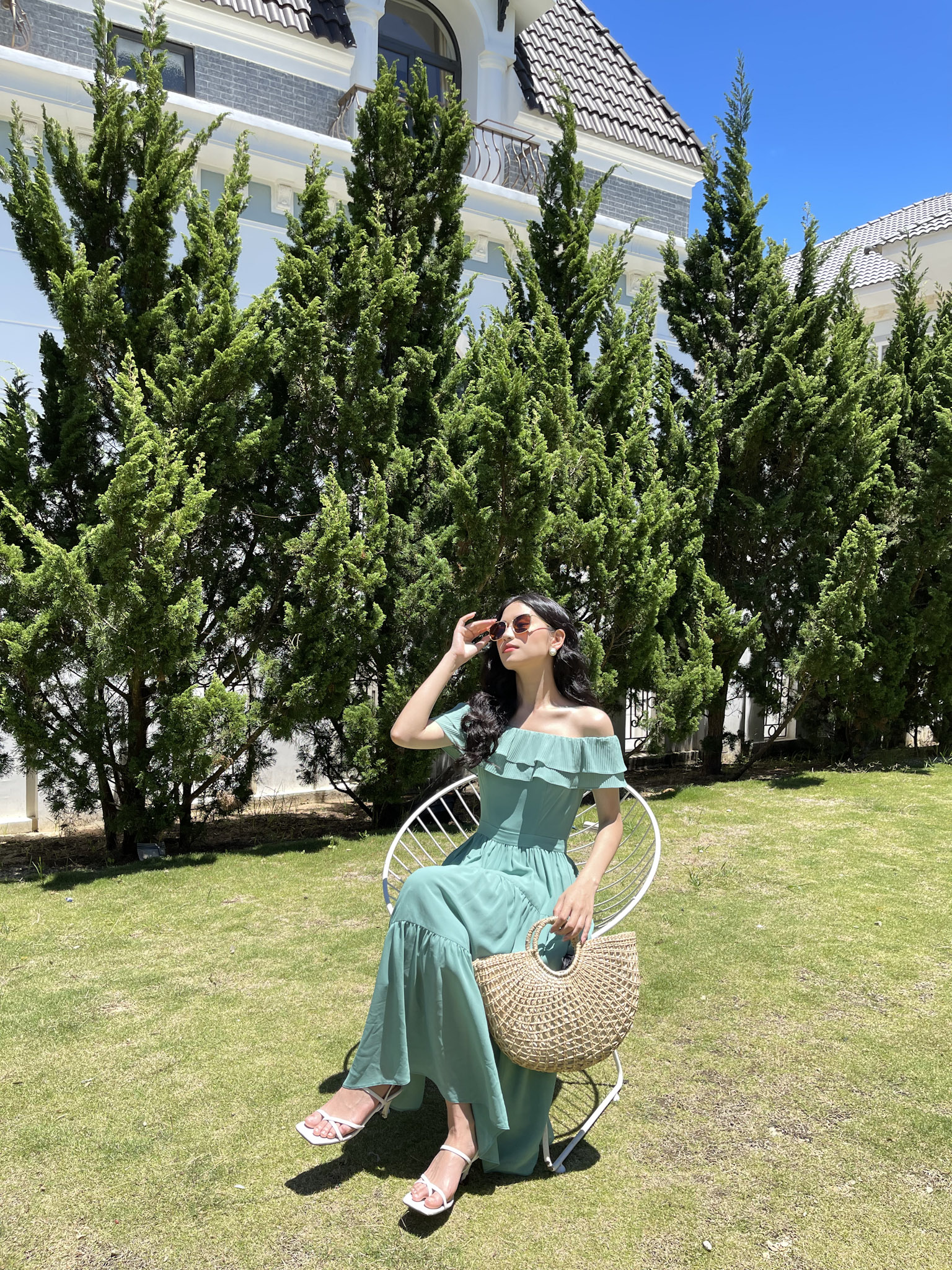 LALYA_D386_ Váy trễ vai dập ly - Xanh