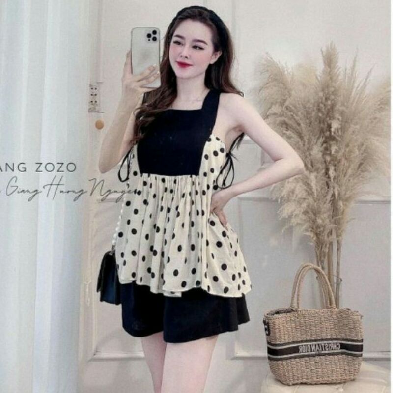 Bộ cộc bầu - bộ đồ bầu kiểu dáng babydoll dễ thương, sát nách chấm bi, đồ mặc nhà mùa hè chất đũi siêu mát- hà linh shop