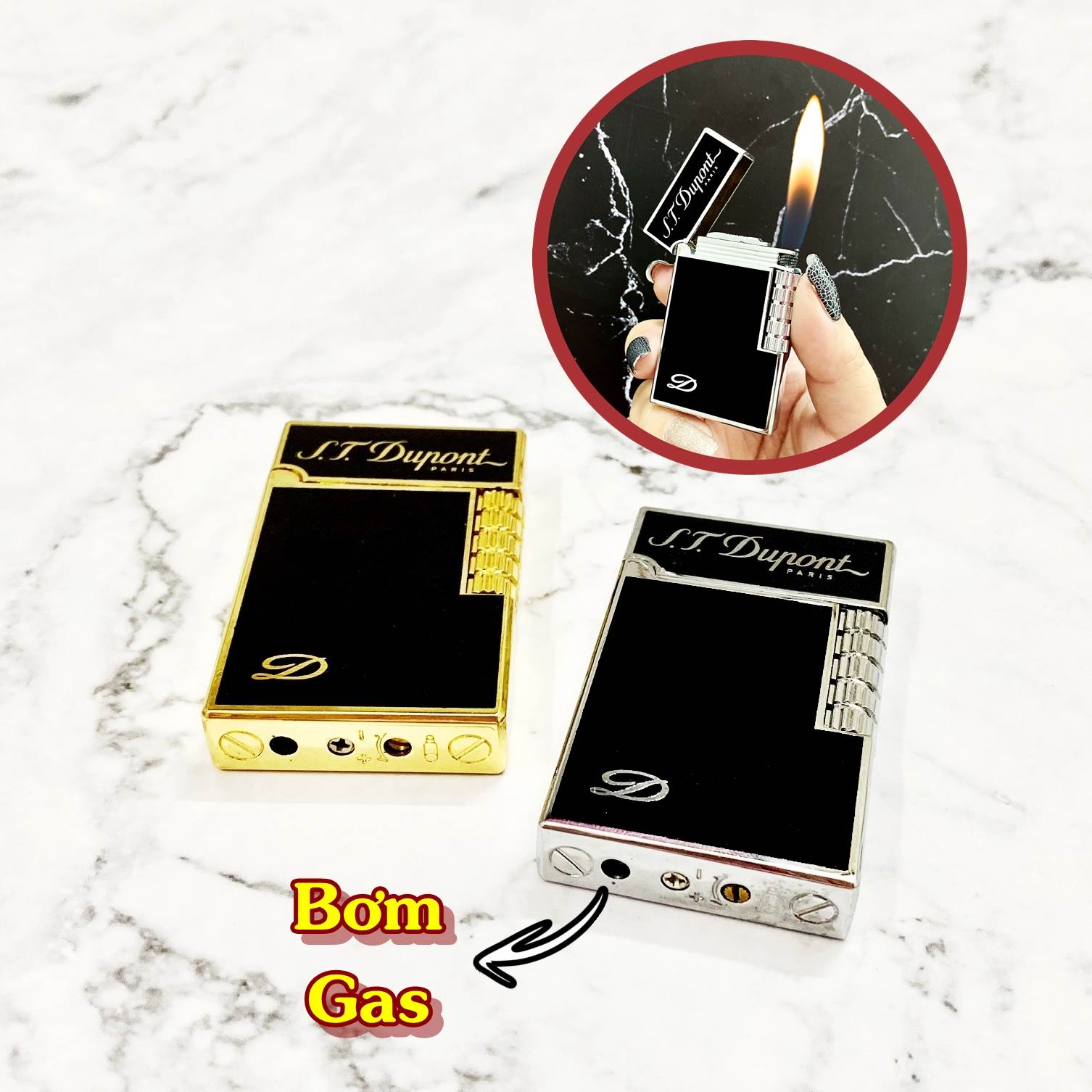 [HCM]Bật lửa hột quẹt Dupont chữ D viền vàng - bạc sáng bóng kim loại nguyên khối sang trọng sài ga