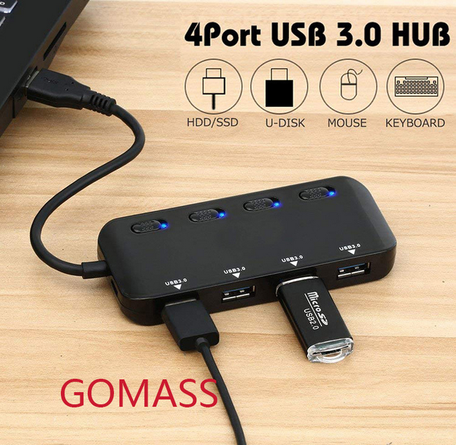 Bộ chia USB 3.0 HUB 4 cổng USB 3.0 có công tắc (Đen)