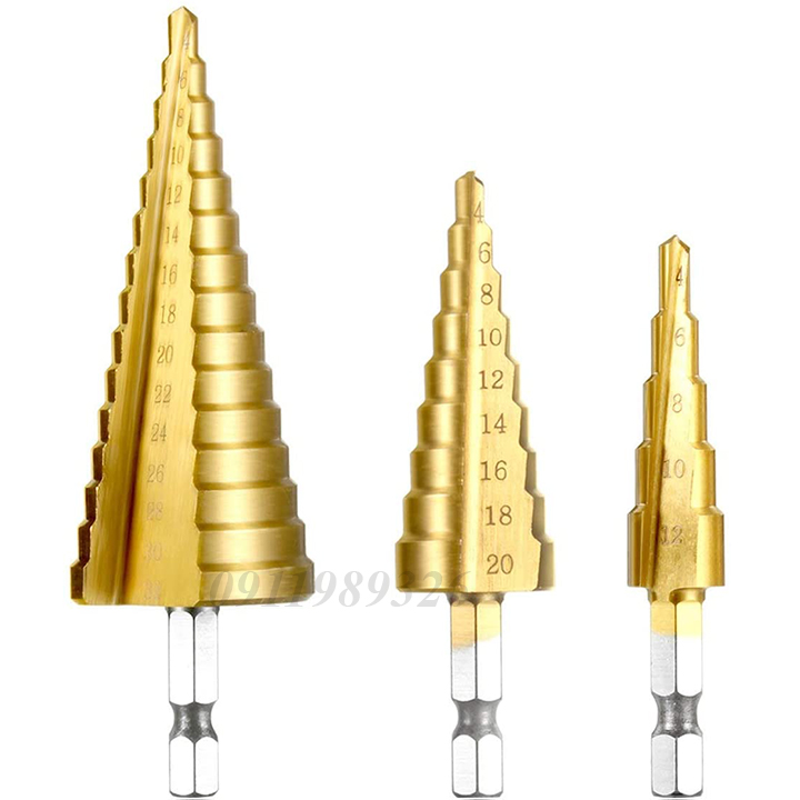 [HCM]Bộ 3 mũi khoan tháp 4-32mm thép HSS 4241 phủ titanium chuôi lục giác - mũi khoan bước - mũi khoan tầng