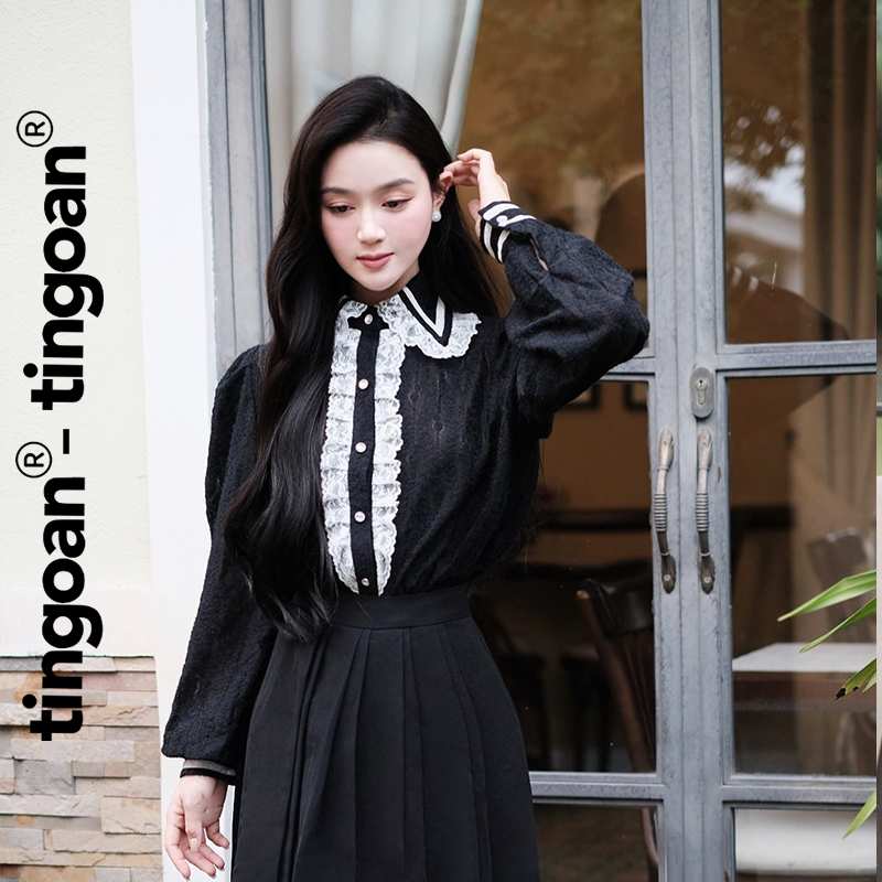 Tingoan® - áo somi dài tay đen lông xù viền nhung cổ phối ren ni ni blouse/bl