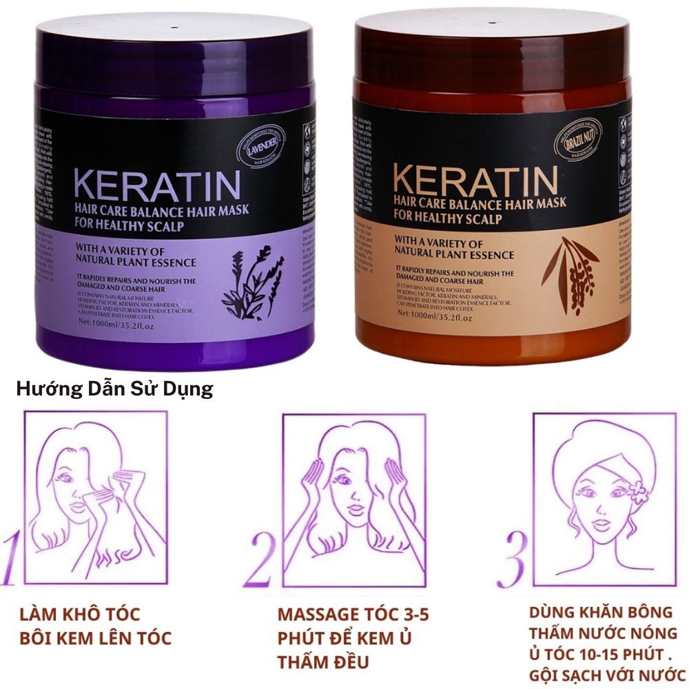 Kem ủ tóc hấp tóc keratin 1000ml collagen nâu -tím phục hồi tóc , tóc suôn mượt , hương hoa thơm dịu