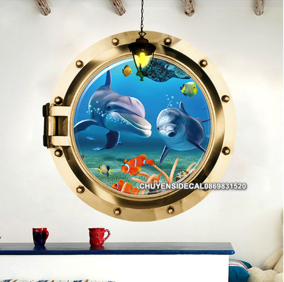 [HCM]Decal trang trí tường - Cửa sổ tròn 3D Cá Heo