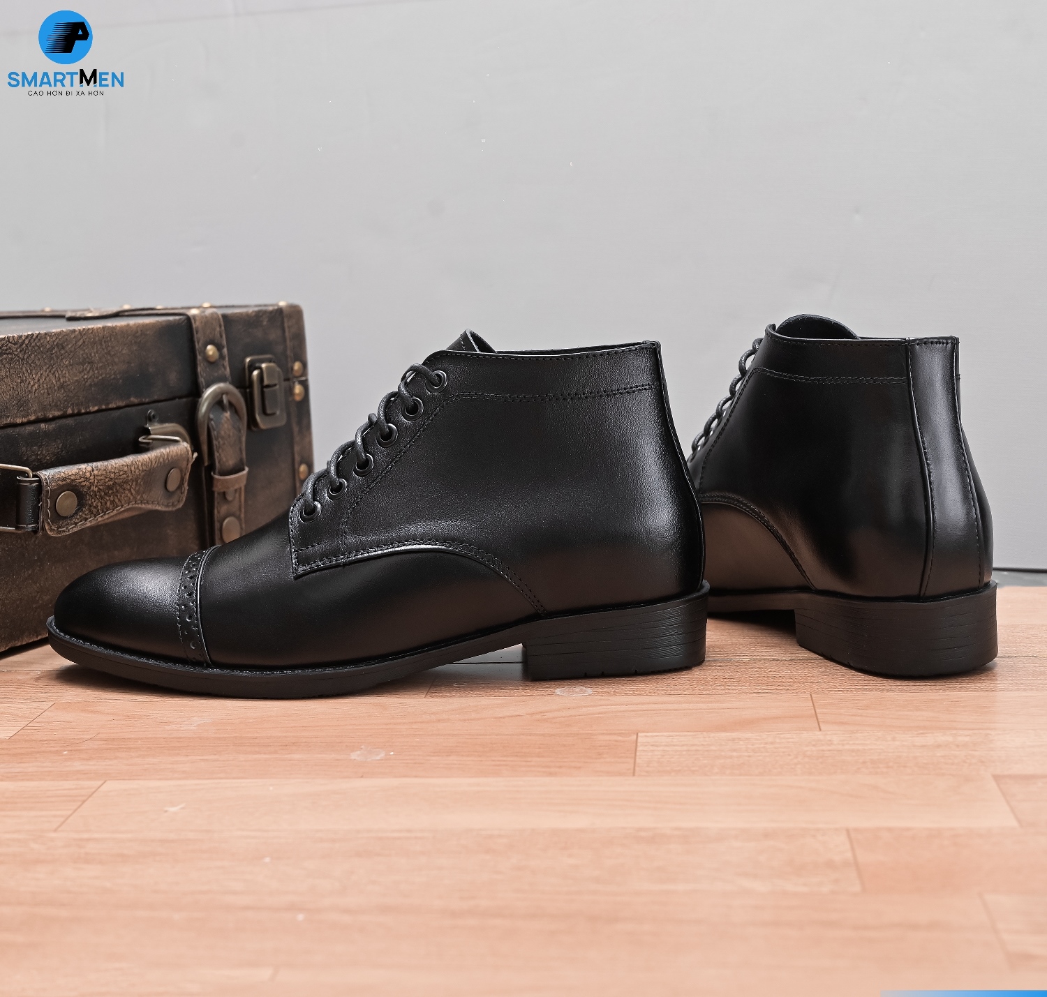 Giày Boot lửng cổ Tăng chiều cao Da bò SMARTMEN GD555 Đen