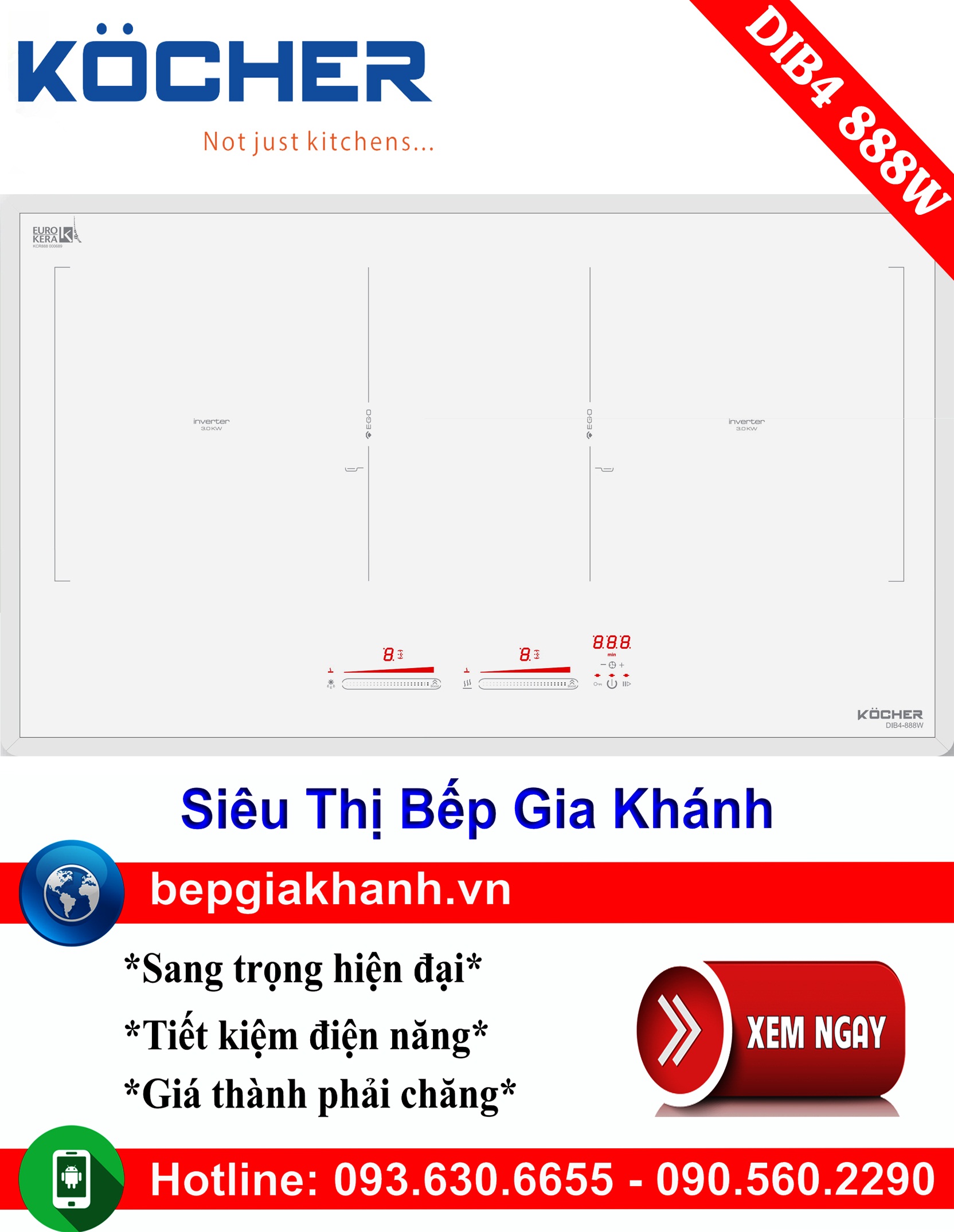 Bếp từ đôi Kocher DIB4 888W màu trắng có tính năng rã đông bếp từ bếp điện từ bếp từ đôi bếp điện từ đôi bếp từ giá rẻ bếp điện từ giá rẻ bếp từ đơn bep tu don bep tu