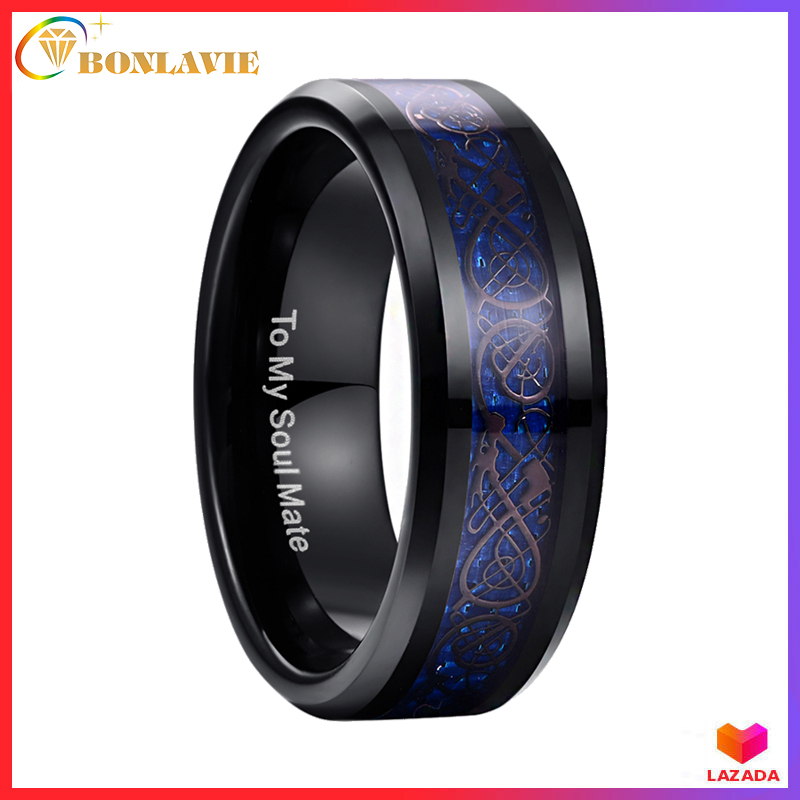 Bonlavie 100% real tungsten carbide ring black celtic dragon and blue/green/red carbon fiber inlay comfort fit size 5-14