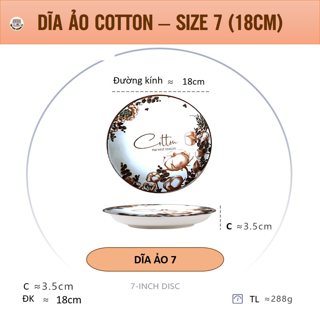 Dĩa tròn gốm sứ họa tiết Hoa Cotton - ĐK 18CM (CỠ 7)