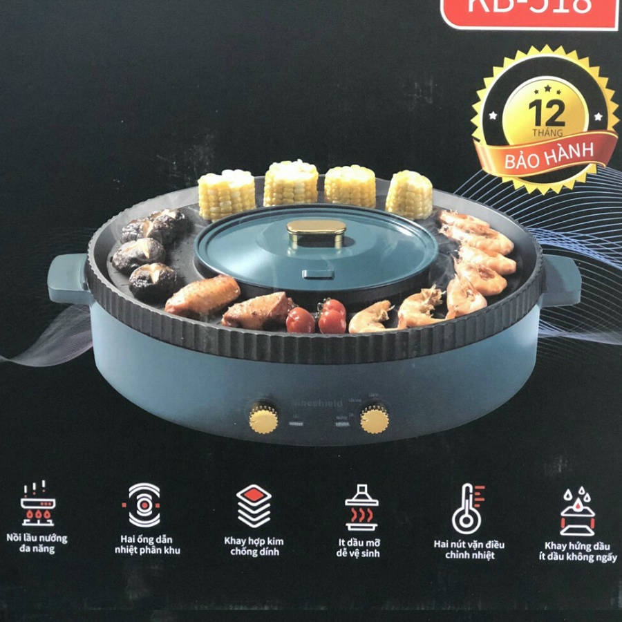 Nồi Lẩu Nướng Điện Đa Năng Nine Shield KB-518 công suất 1350w, Nồi Lẩu Nướng Đa Năng Nine Shield, nồi lẩu nướng, bếp lẩu nướng đa năng Nine Shield KB-518, bếp lẩu nướng đa năng Có 2 Mâm Nhiệt Độc Lập hàng chính hãng