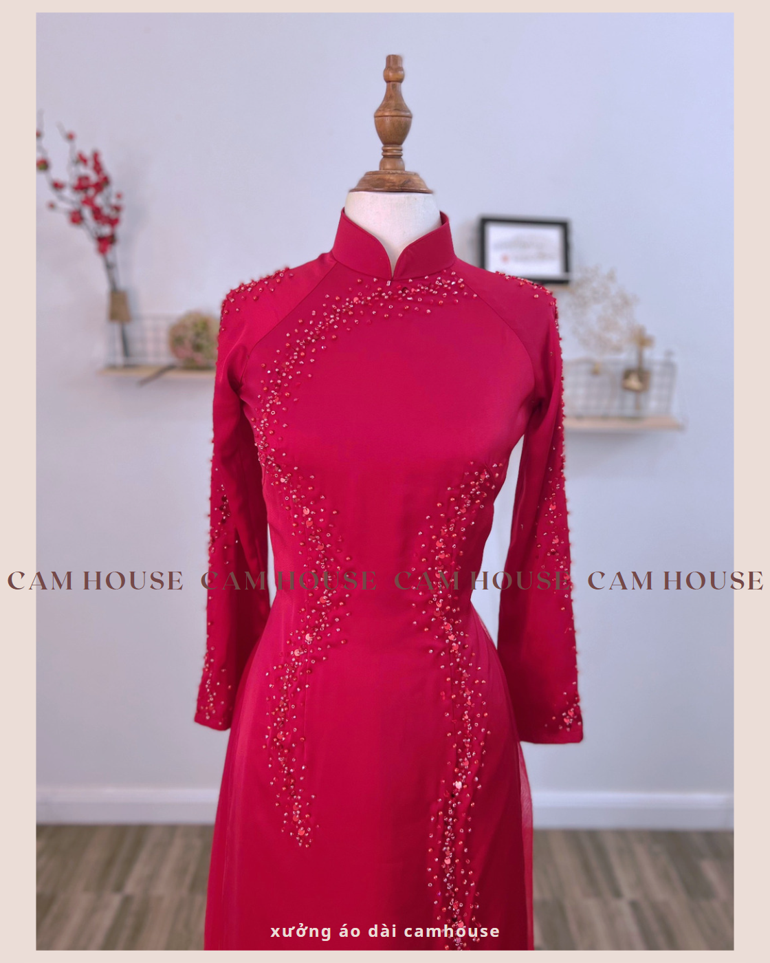 Áo dài cưới màu đỏ đô đính kết phale [CAM HOUSE] chất liệu lụa 4 tà dày dặn