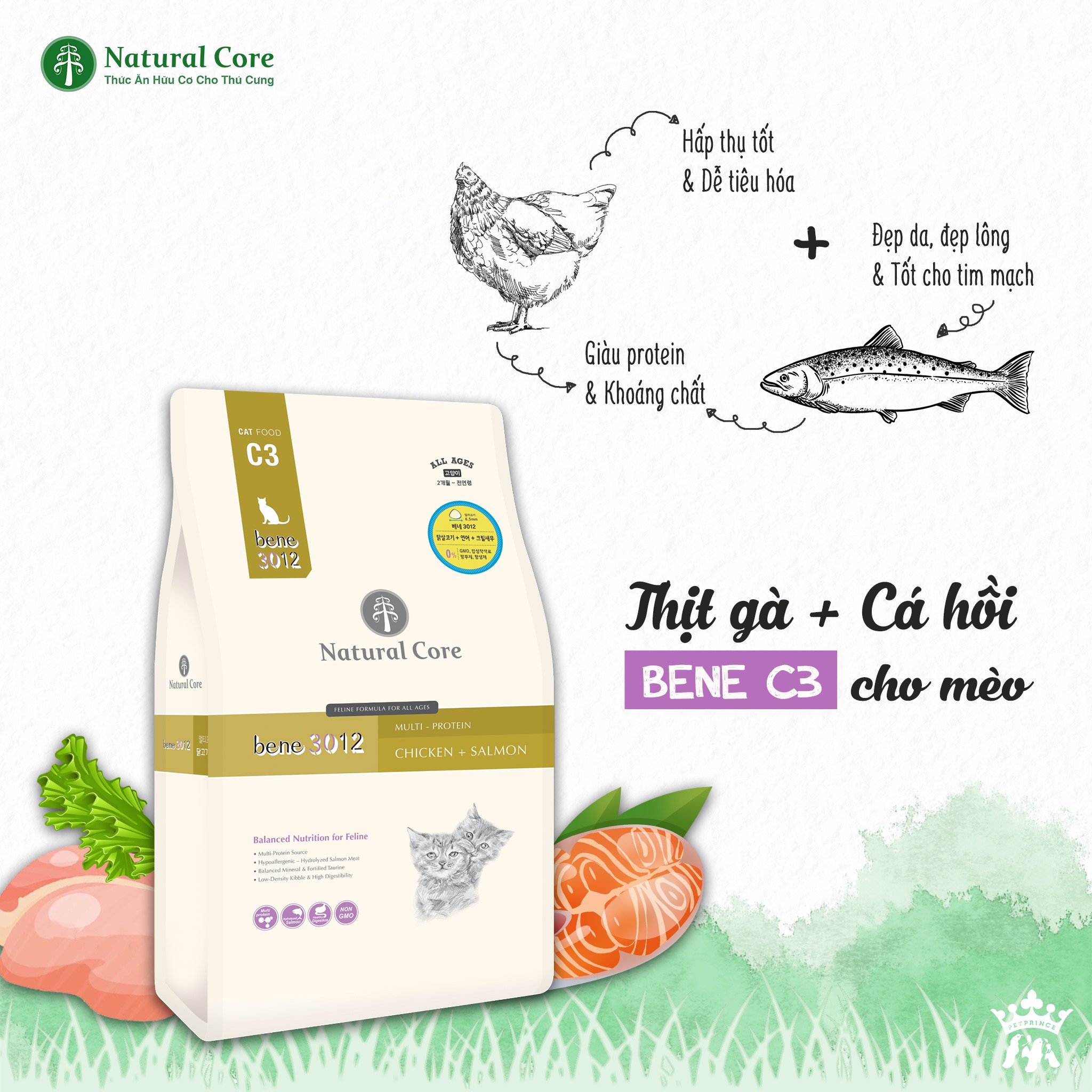[Bao 10KG] Hạt Natural Core C3 Bene 3012 Cho Mèo Mọi Lứa Tuổi - Vị Thịt Gà & Cá Hồi - [Nông Trại Thú Cưng]
