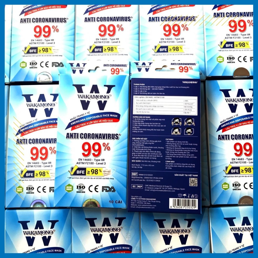 [HCM]Khẩu trang Wakamono diệt Corona 99% (4 lớp  hộp 10 cái)