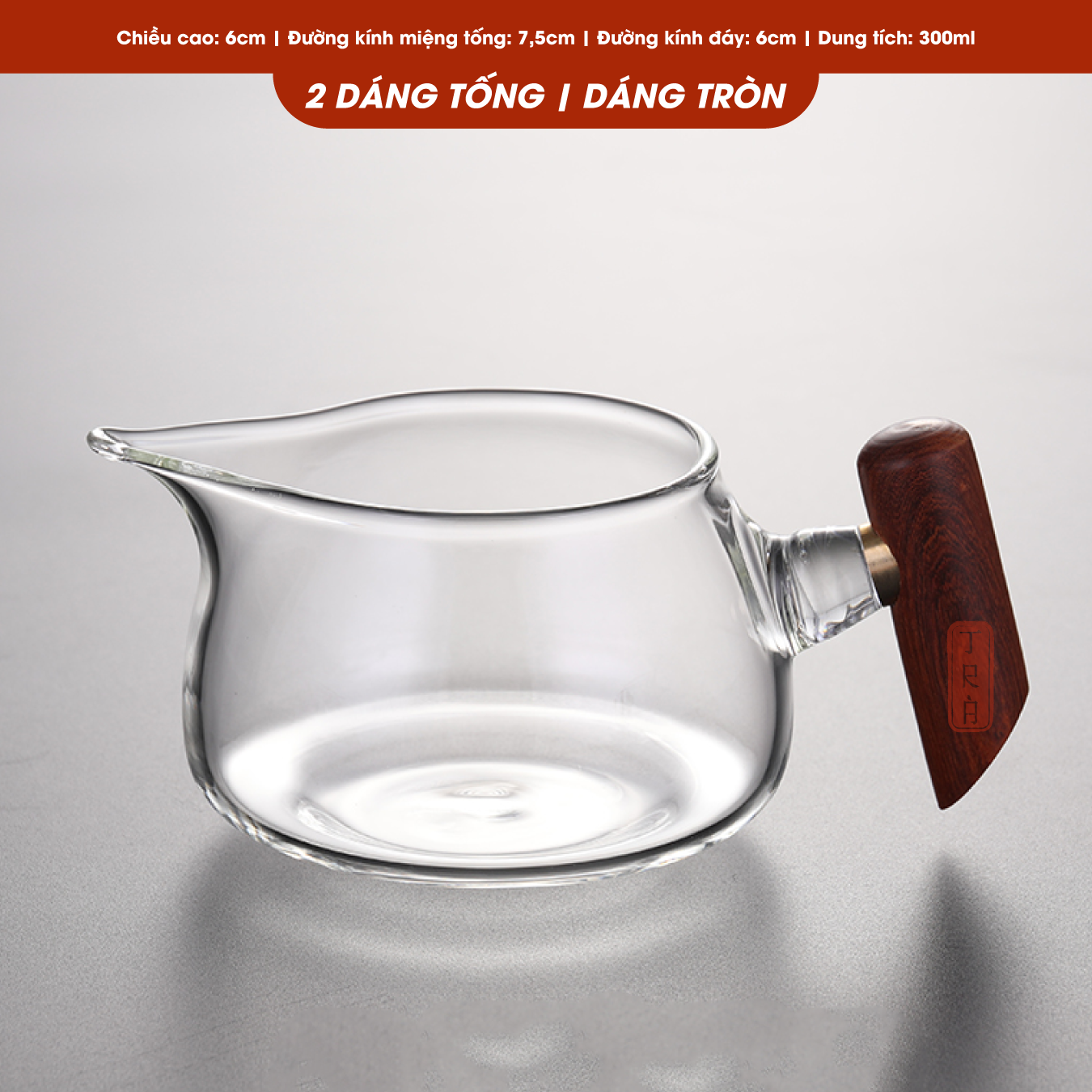 Tống trà thủy tinh chịu nhiệt giá rẻ, có cán gỗ chống nóng, dung tích 250ml