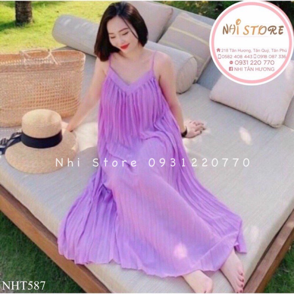 [ FreeShip ] [HCM]Đầm Maxi Hai Dây Dập Li Rẻ Quạt Vải Chiffon NHIHOUSE71 Freesize Dưới 60kg