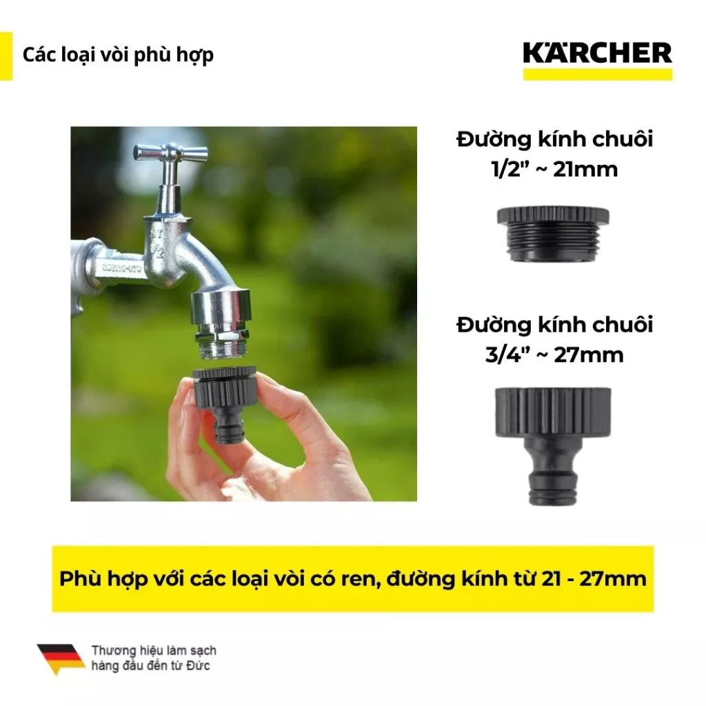 [Xuất xứ Romania] Đầu nối vòi nước G3/4  karcher với bộ giảm ren G1/2" phù hợp vòi nước có ren đường kính 21 - 27mm