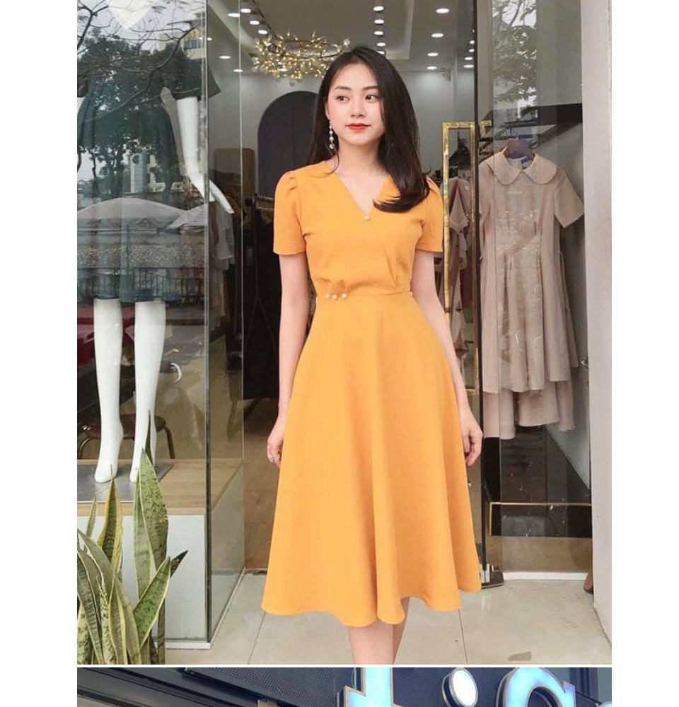 Đầm Nữ ( Váy Nữ ) Xòe Cổ V Phong Cách Thời Trang Bambo