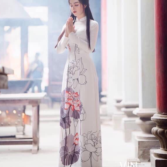 [HCM]Sét áo dài trắng hoa sen tinh khôi - có ảnh Thật - AD789