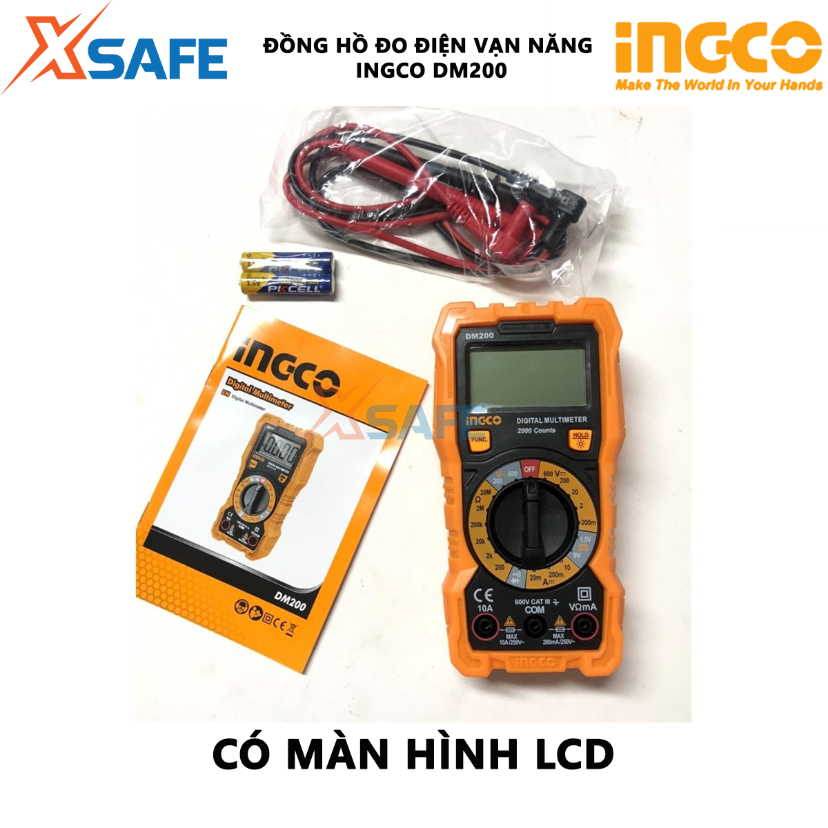 Đồng hồ vạn năng INGCO DM200 | Đồng hồ đo điện vạn năng Điện áp DC 200mV/2V/20V/200V/600V Điện áp AC 200V/600V Dòng điện DC 200A/2mA/20mA/200mA/10A đo được dòng điện DC, điện áp AC/DC, điện trở...