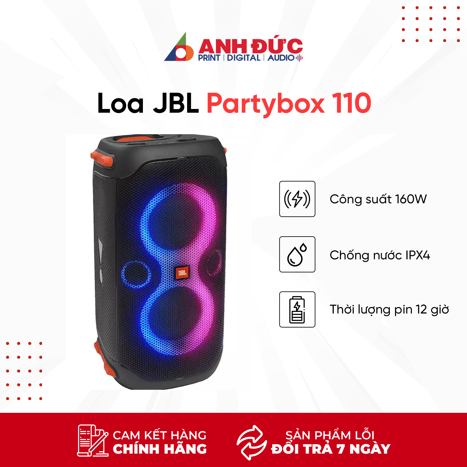 Loa jbl partybox 110 chính hãng, loa bluetooth công suất 160w, bảo hành 12 tháng pgi