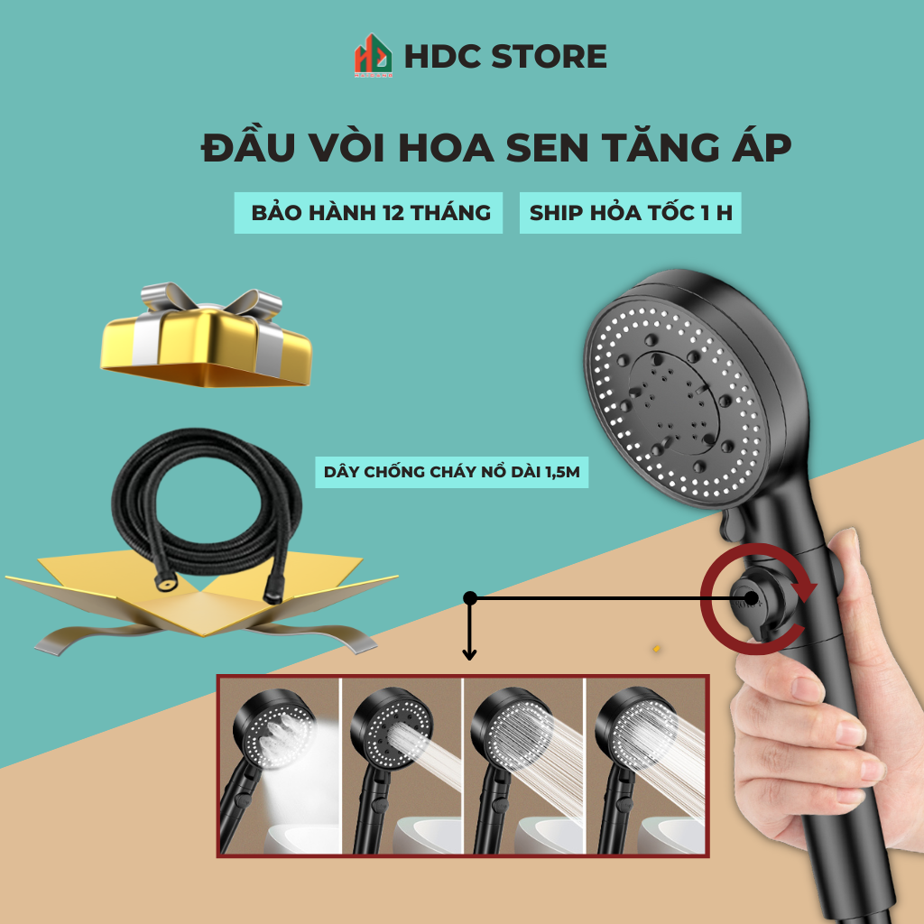 Bộ Vòi sen tăng áp 5 chế độ + Dây cấp 1.5m