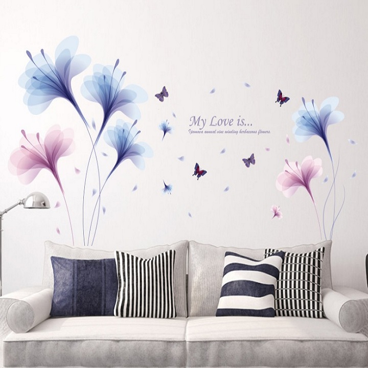 Decal dán tường Hoa cánh mỏng xanh
