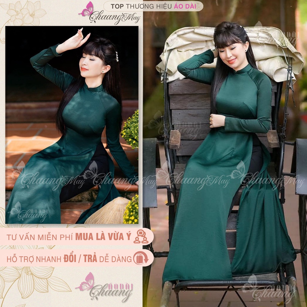 Áo dài truyền thống Xanh Rêu đậm Chaang May sẵn cổ sen cao tay dài vải lụa dự tiệc lễ tết đẹp ADC743