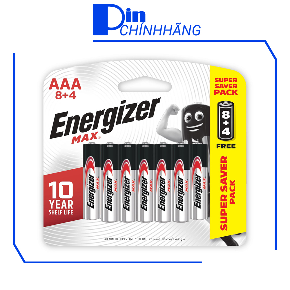 Vỉ pin đũa AAA Energizer Alkaline chống chảy E92 - Vỉ 12 viên (8 viên tặng kèm 4 viên)