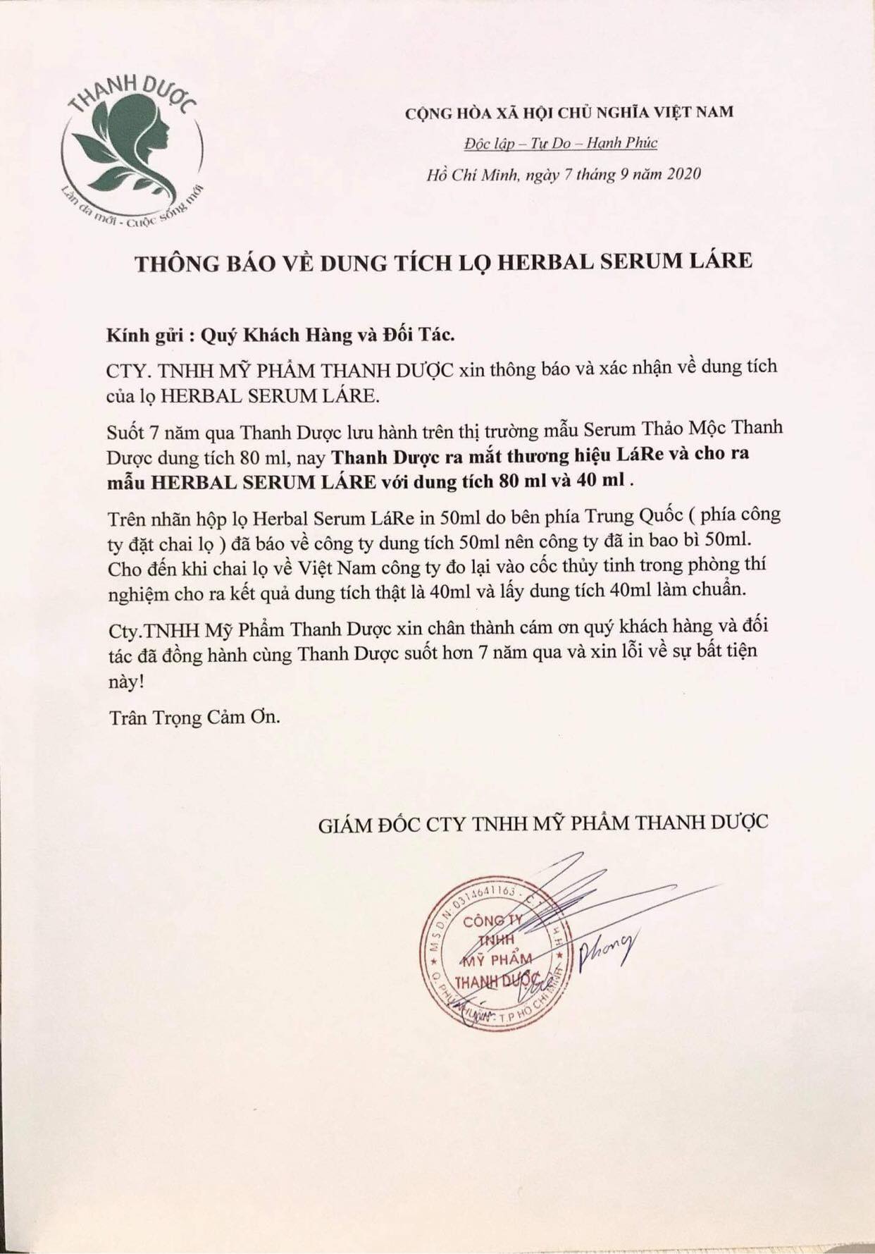Serum thanh dược LaRe 40ml nguyên tem
