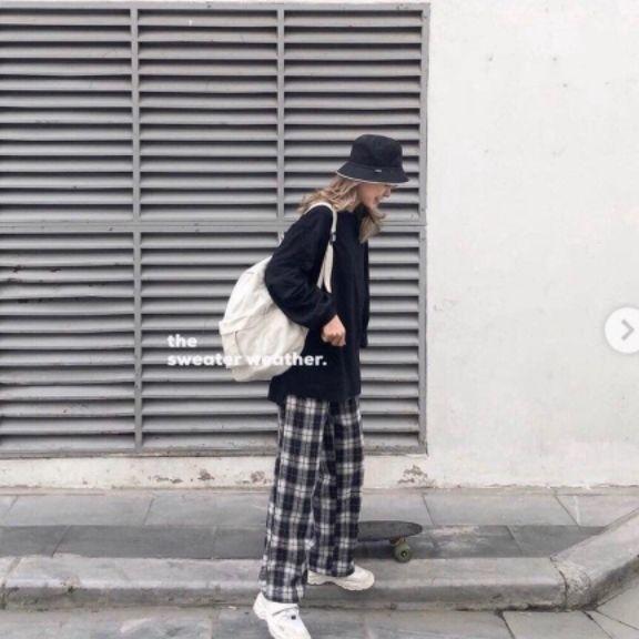 QUẦN CULLOTES CARO ĐEN DÁNG BAGGY CẠP CHUN UNISEX