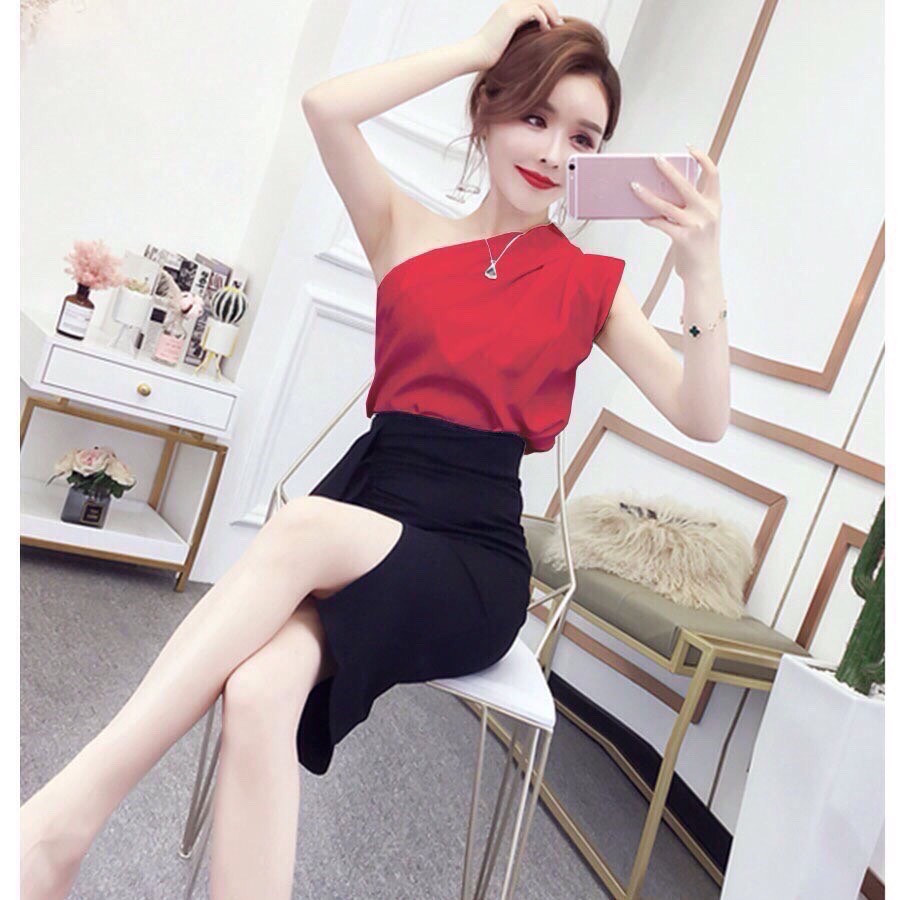 [HCM]SET ÁO LỆCH VAI KẾT HỢP CHÂN VÁY XẺ TÀ CỰC CHẤT QC