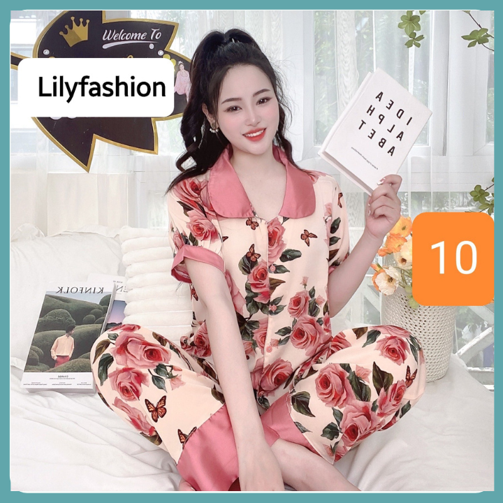 Đồ bộ mặc nhà nữ, pijama vải lụa áo cộc quần dài