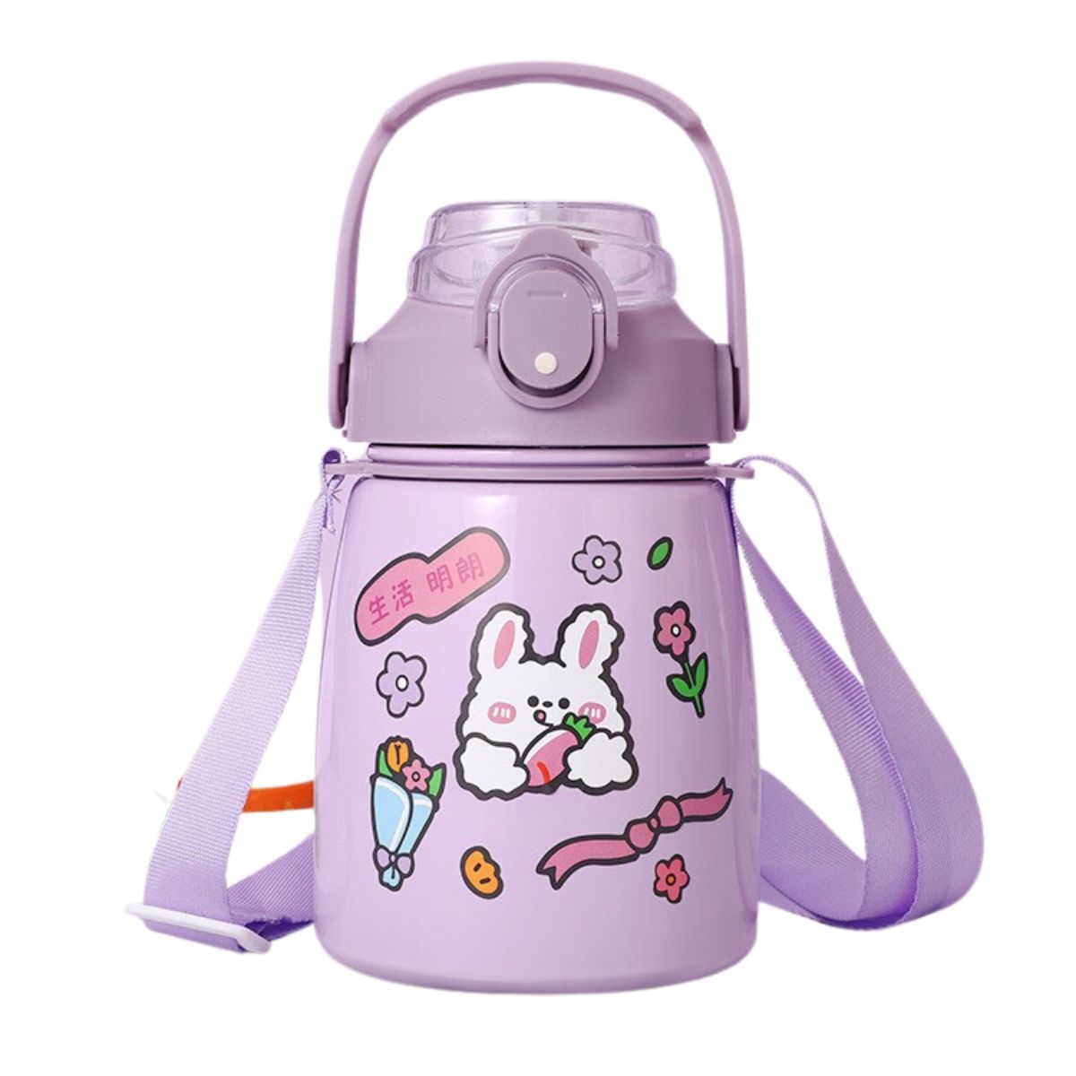 Bình nước giữ nhiệt cute có sticker và ống hút kiểu dáng dễ thương - Bình giữ nhiệt 800ml inox 304 có dây đeo