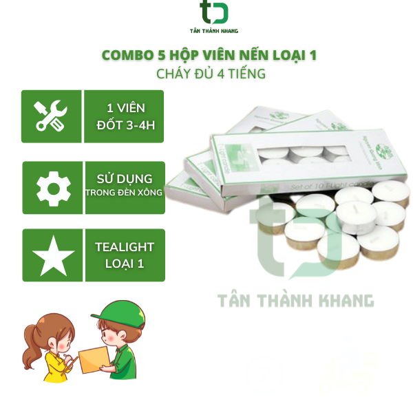 COMBO 5 HỘP NẾN LOẠI 1 - TEALIGHT CHÁY ĐỦ 4 TIẾNG (50 viên)