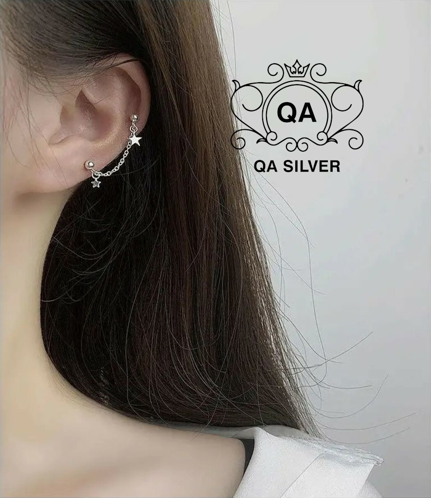 Khuyên tai bạc 925 ngôi sao 2 lỗ bông nữ kẹp vành S925 STAR QA SILVER Earrings EA210210