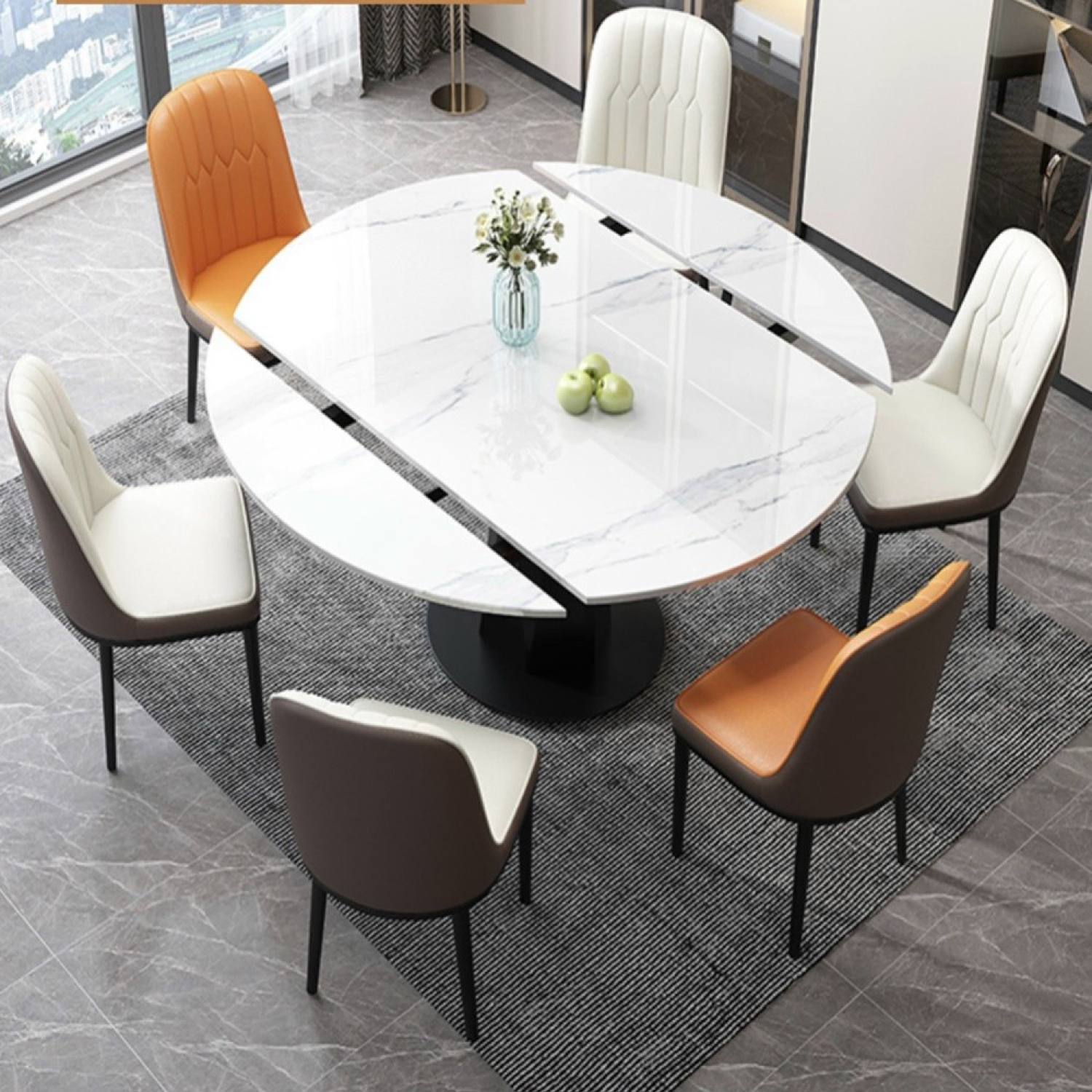 Bàn ăn tròn xoay hình chữ nhật mặt đá phiến Ceramic bóng kèm ghế monet không tay