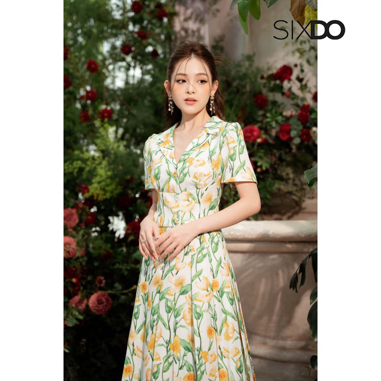Chân váy hoa A midi xếp ly thời trang SIXDO (Z-White Floral Midi Raw Skirt)