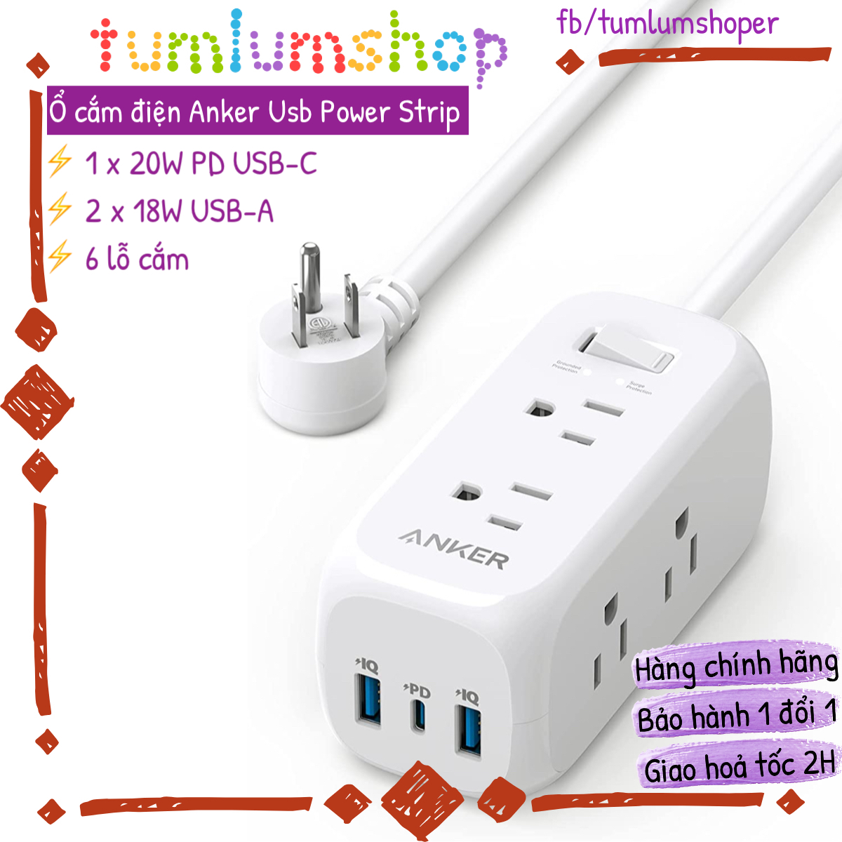 Ổ cắm điện Anker 332 Usb Power Strip với 2 cổng USB 1 cổng USB