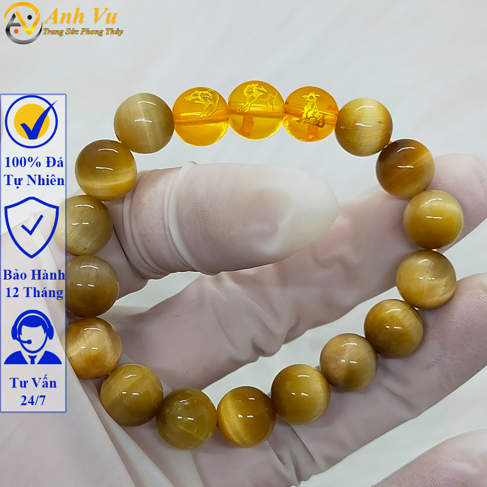 Vòng tay tam hợp quý nhân dần ngọ tuất - Chất liệu đá mắt hổ vàng nâu tự nhiên - Size 8 10 12ly - May mắn tài lộc bình an - Bảo hành 12 tháng